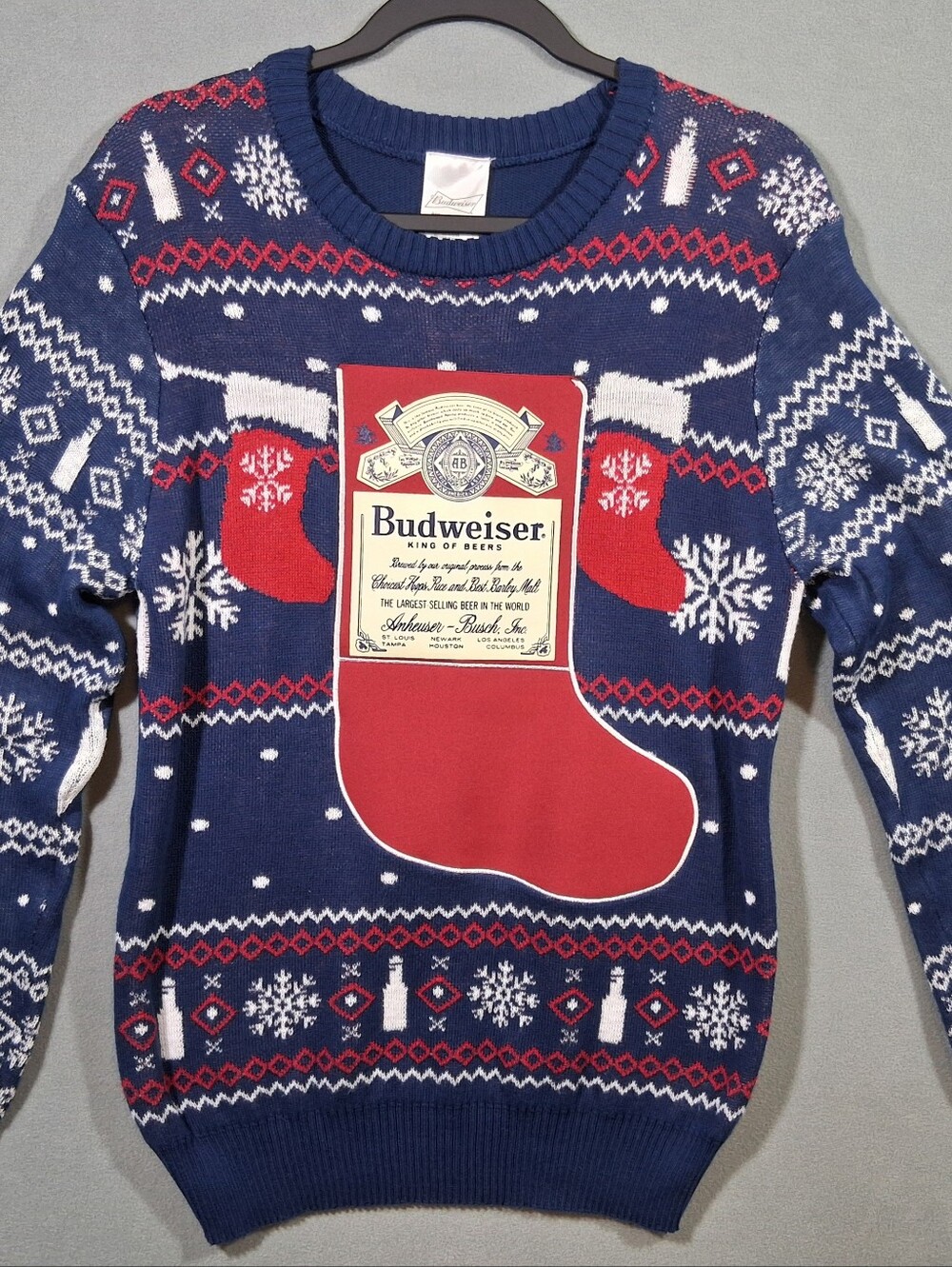 Men's Medium Budweiser Holiday Sweater Blue/Red/White NWT Party Beer Funny
